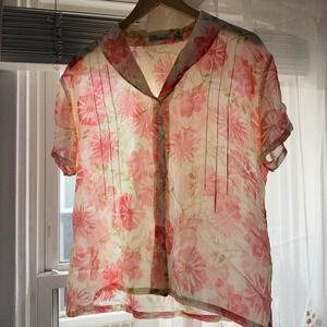 Pink Floral Silk Sheer Button Down Blouse Putumayo Pintuck Cottagecore Top Large